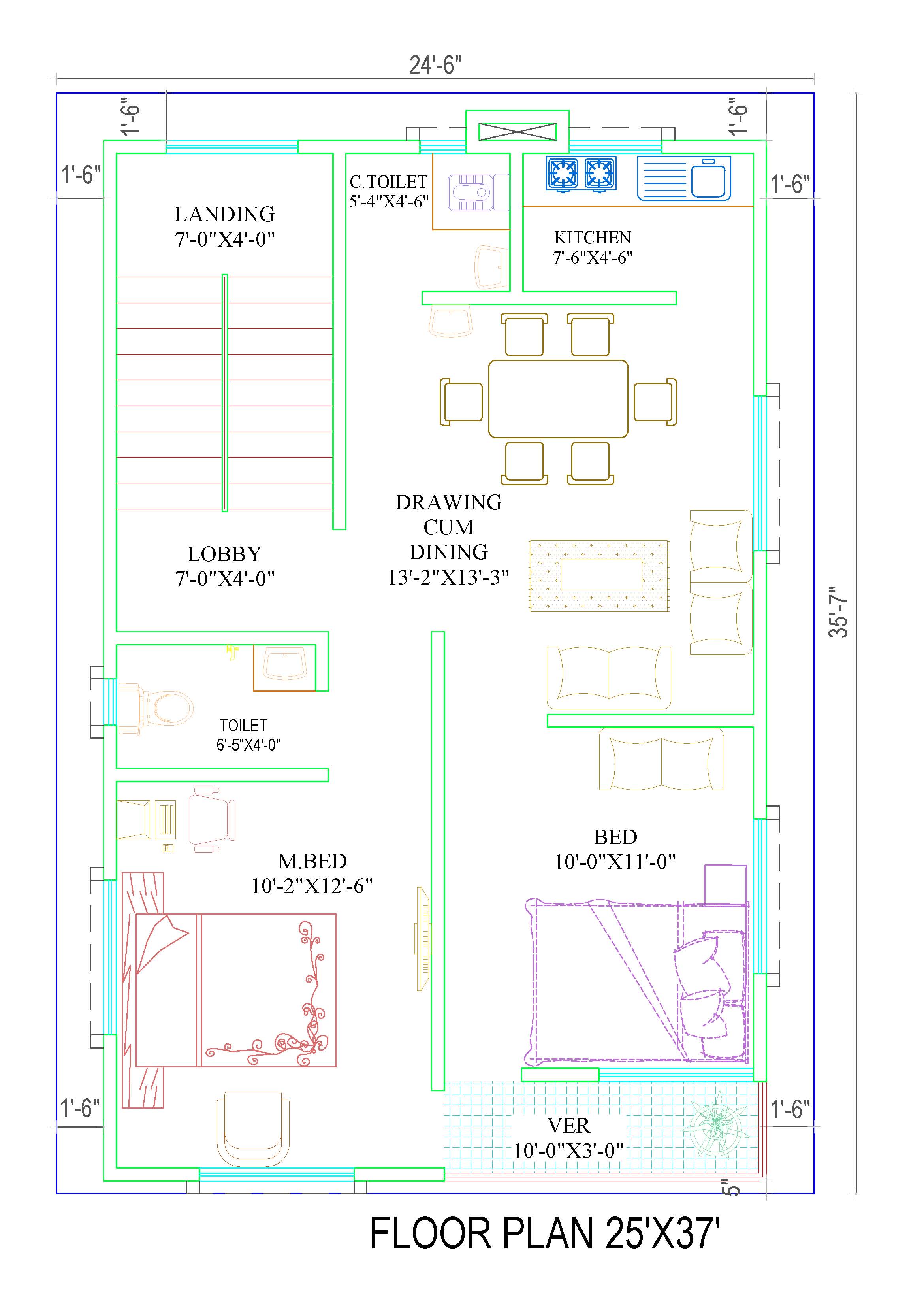 Floor Plan: 25'X37' for single family - CAD Files, DWG files, Plans and ...