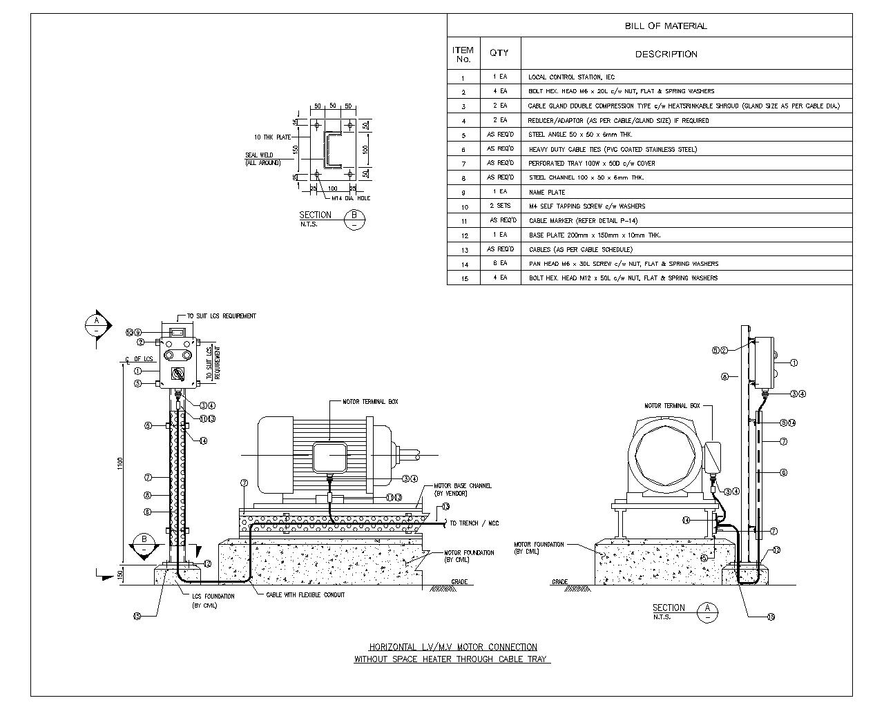Horizontal LV/MV Motor Connection Without Space Heater Through Cable Tray - CAD Files, DWG files ...