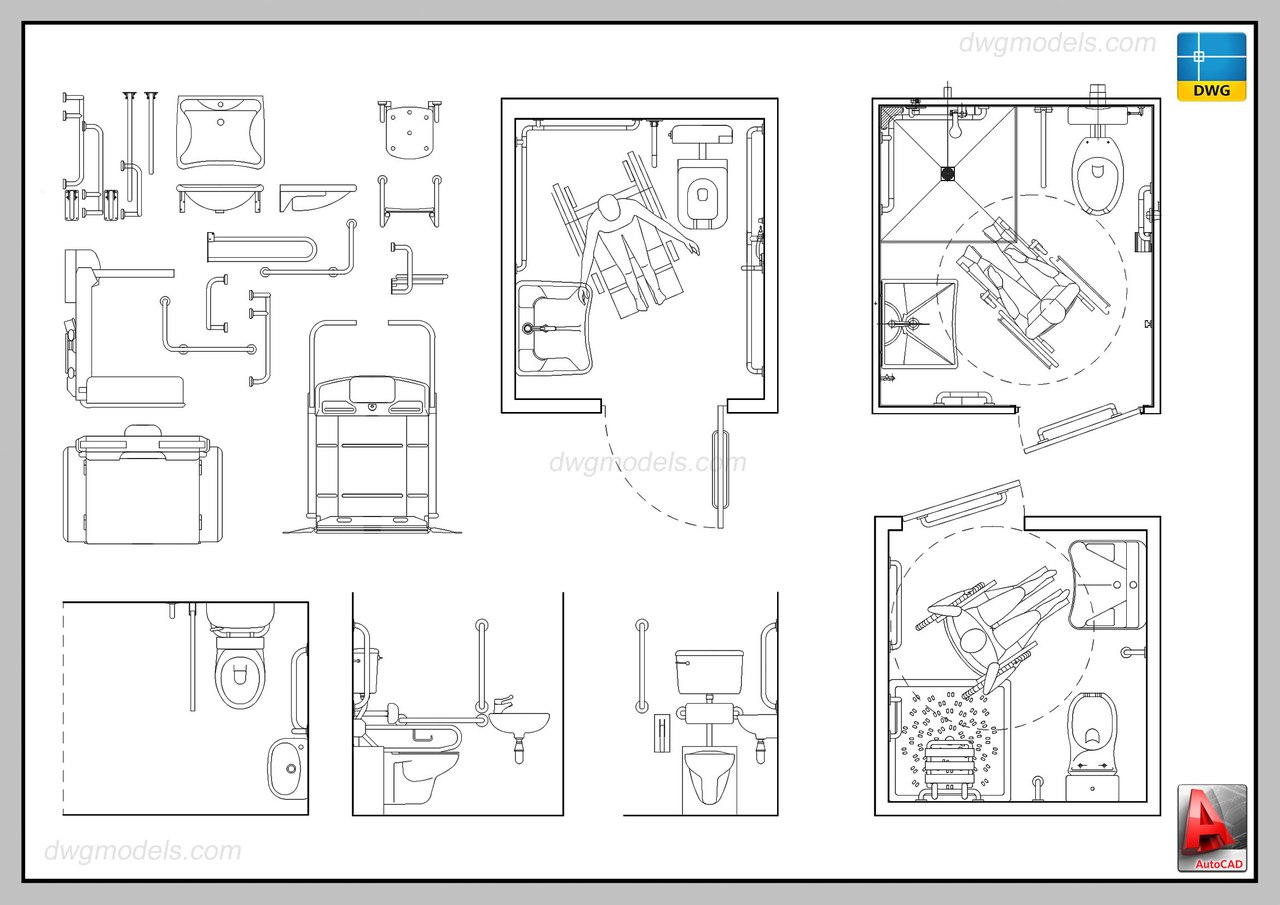 PUBLIC, PRIVATE WASHROOM, TOILET FOR PEOPLE WITH DISABILITY- AUTOCAD-2D