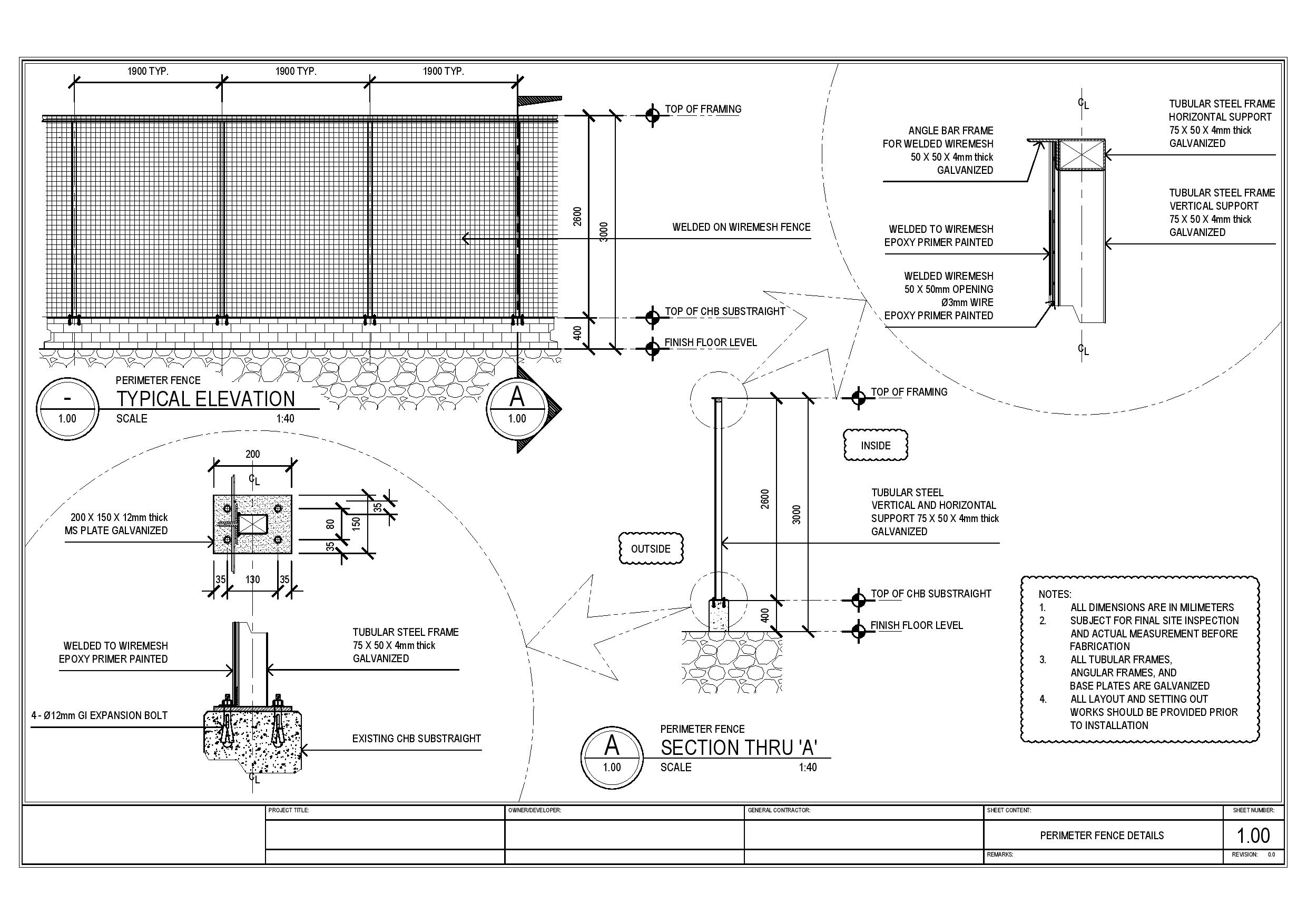Metal Perimeter Fence Sections Plan And Installation Details Dwg File ...